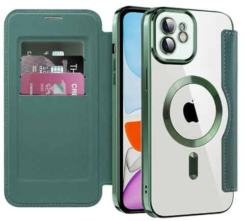 IMEIKONST for iPhone 12 Case Flip Wallet Cover, Green JDCX | RFID Blocking Card Holder, Camera Lens Protection, Magnetic Transparent TPU Back, Compatible with MagSafe, PU Leather
