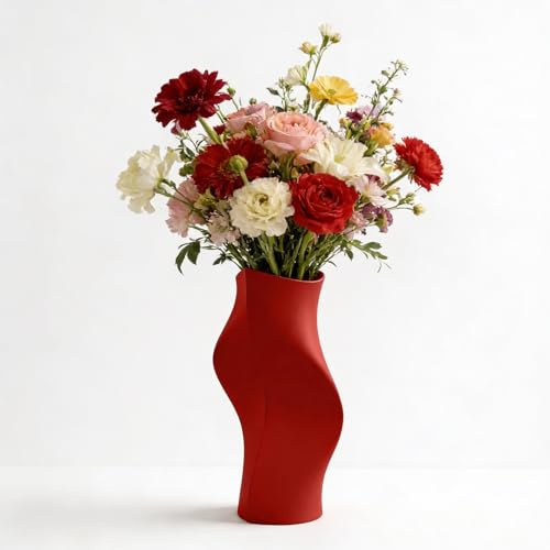 Vase sculptural biologique moderne, vases déco en spirale, pot minimaliste pour fleurs fraîches ou sèches, décoration de maison et de bureau, design élégant pour Pampas, étagères, bureau (rouge)