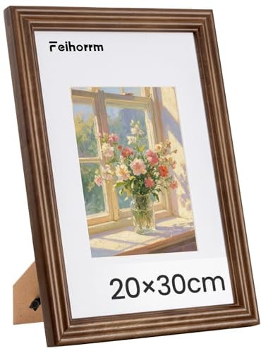 Feihorrm Vintage Bilderrahmen, Walnuss Massivholz Fotorahmen, Mit gehärtetem Glas, Für 20x30 cm-Fotos ohne Passepartout oder 12x17 cm-Fotos mit Passepartout (Dunkel Braun, 20x30 cm)