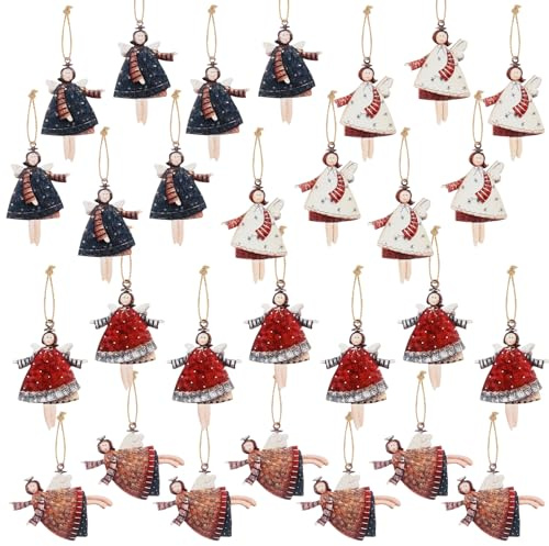 Klein Engel Anhänger Weihnachtsdeko, 28 Stück Christbaumschmuck, 4 Stile | Glücksbringer Silvester, Holz Weihnachtsschmuck mit Schlüsselband, Christmas Silvester Geschenke