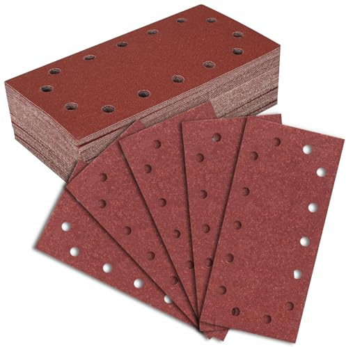 50 Pièces Papier A Poncer, 14 Trous, 230 X 115 Mm, Papier de Verre, Grain 40/60/80/120/240, Patin de Ponçage Rectangulaire pour Ponceuse Orbitale