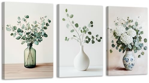 CXHOSTENT Eukalyptus-Wandbild, 3-teiliges Set, botanische Leinwandbilder, Salbeigrün, Vintage-Pflanzenbilder, Poster mit grünen Blättern, gerahmt (28x35cmx3)