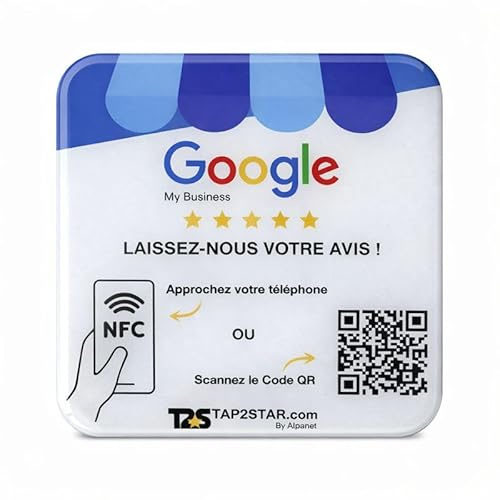 Plaque avis Google NFC & QR Code Français – Plaque Google My Business paramétrable en Ligne - Compatible avec iPhone & Android – 10x10 cm | Tap2star.com