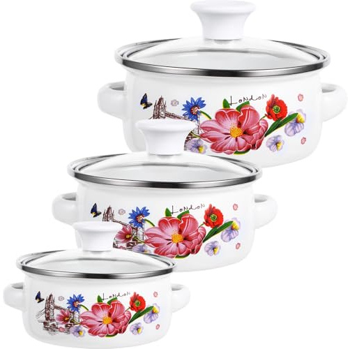 GETAJGHSD Lot de 3 Casseroles Émaillées Petites Tailles 12-14-16 Cm Double Poignées, Fond Plat Compatible Plaques Électriques et Induction, Pots Vintage pour Cuisson Soupe et Bouillir Lait