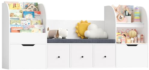 FOREHILL Kids Toy Storage Unit with Storage Bench 180.5cm Kids Bookshelf | 4-tier Childrens Bookcase Toy Organiser, 2 Drawers on Castors, 3 Fabric Drawers, Soft Seat Cushion for Playroom Nursery White