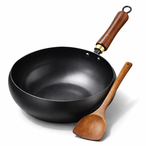 Traditional Forged Big-Belly Pot - Japanese-Style Big Belly Iron Wok with Wooden Lid, Nitrided Rust-Resistant & Uncoated Non-Stick Deep Frying Pan- Includes Wooden Spatula (No Pot lid,24cm)