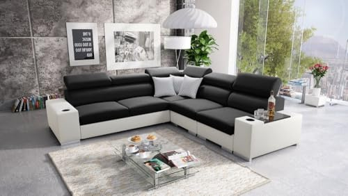 IM SOFA Ecksofa L-Form mit Schlaffunktion PERS III – Moderne Wohnzimmer Couch (Schwarz Sawana + Weißes Kunstleder, Rechts)