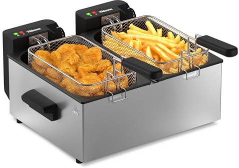 Tristar Friteuse Double en Acier Inoxydable, Capacité 2 x 3 L, Double Thermostat, Bacs Séparés, Pour Frites et Snacks, FR-9332