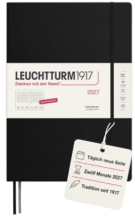 LEUCHTTURM1917 Tageskalender 2027 A4+ (Master) - Deutsch, Schwarz, 225 x 315 mm, Januar-Dezember (12 Monate), 1 Seite pro Tag, Stundenraster 7:00-22:00, Hardcover, 100 g/m² Papier