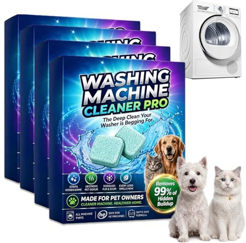 Enzyme Washing Machine Cleaner Tablets, Pet Hair Remover for Washer Drum, Limescale Descaler for HE Front and Top Load Washers, Odour Elimination, 12 Count (4 Packs, One Size)