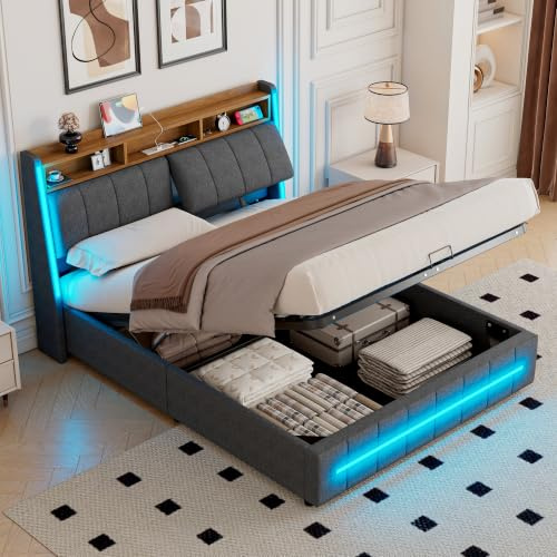 Mydtt Double Bed Frame 4ft6, Ottoman Bed Double with Storage, Linen Grey | LED Mood Lighting, USB/Type-C port, Night Light, Adjustable-angle Headboard, Large Storage Space, Headboard Storage Shelf
