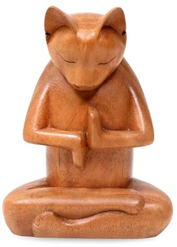 NOVICA Brown Yoga Suar Holzskulptur Full Lotus Cat, 16,5 cm hoch