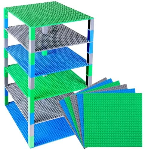 Strictly Briks Classic Baseplates 25x25 cm Age 3+ Brick Tower Compatible with LEGO Blocks, Compatible with LEGO Base Plates | Building Bricks for Towers | 6 Baseplates & 50 Stackers in Blue Green & Gray