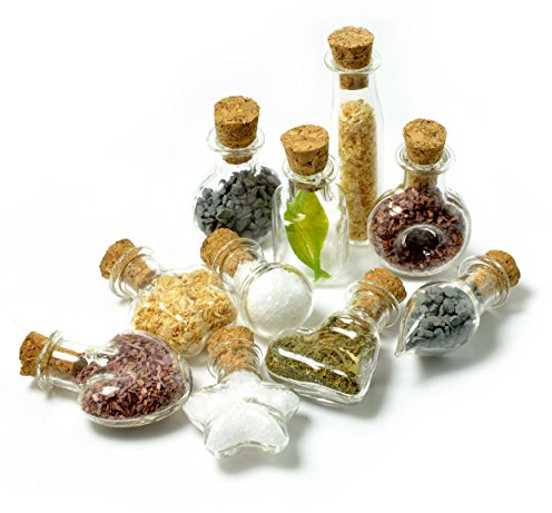 Ganzoo Mini-Fläschchen Set aus Echtglas mit Korken für Dekoration und Puppenfläschchen, Verschiedene Designs, 10er Set für Miniaturen, Vitrinen und Tischdeko