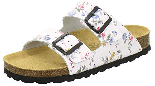 AFS-Schuhe 2100, Bequeme Damen Pantoletten echt Leder, praktische Arbeitsschuhe, Hausschuhe, Handmade in Germany (45 EU, Weiss/Flower)