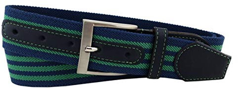 TigerTie hochwertiger Stretchgürtel mit Edelstahl Schnalle und echt Leder Applikationen in grün blau dunkelblau gestreift. Gürtelbreite 40 mm, Bundweite 110 cm