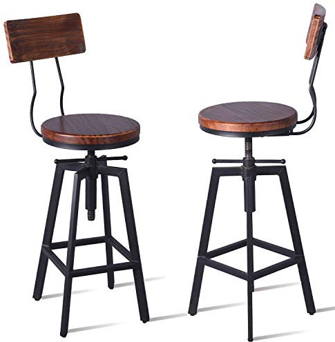 Diwhy Industrieller Barhocker aus Holz und Metall, höhenverstellbar, drehbar, mit Rückenlehne, schwarz, vollständig verschweißt, 2er-Set (braune Holzplatte mit Holzrückenlehne)