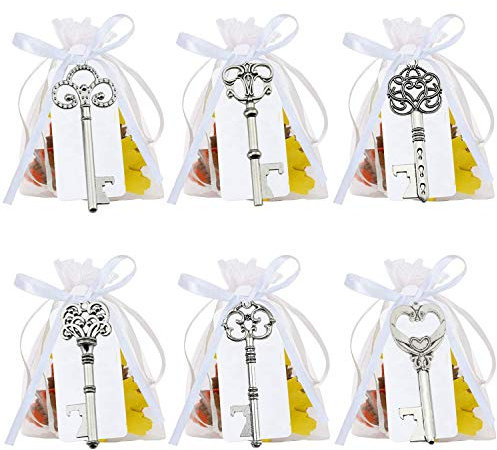 FUNNY HOUSE 60 Stück Flaschenöffner Schlüssel im 6 Verschiedene Silber Vintage-Stil mit Geschenkanhänger Tischdeko Hochzeit Geschenke für Gäste