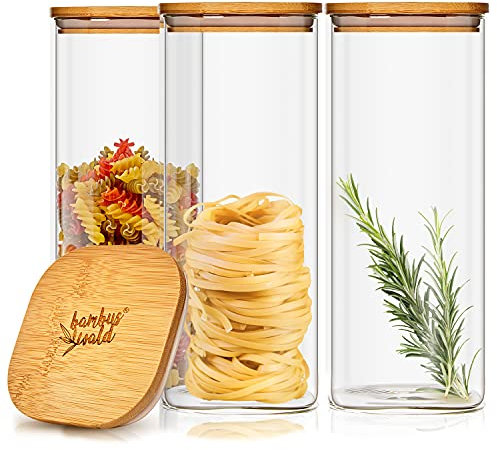 bambuswald© Set di 3 Barattoli in Vetro Borosilicato Rinforzato con Coperchio Ermetico 100% Legno di Bambù, Salva Aroma, Quadrati, 1500 ml