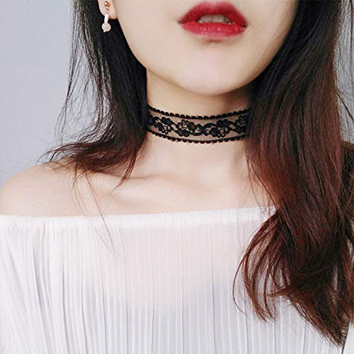 TseenYi Tattoo-Choker-Halskette, Blumen-Spitze, Hohlspitze, elastisch, Schlüsselbeinkette, Gothic-Schmuck für Frauen und Mädchen (schwarz)