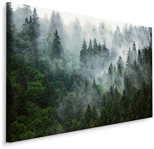 Muralo Wandbild Natur, Wald, Bäume, Nadelwald, Nebel, Himmel - 90x60 cm | Leinwandbild, Modernes Design, Wolken und XXL, lebendige Farben - ideal für Schlafzimmer und Wohnzimmer, Eine ruhige Waldoase