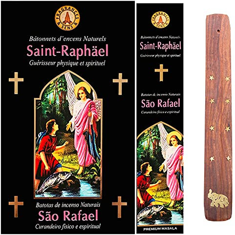 SAN RAFFAELE Varillas de inciensos religiosos de 15 g. Fragancia Sai Flora Fragances & SENS no tóxico sin trabajo menores + portainciensos (6 cajas de 15 g).