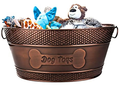 Indestructible Metol Dog Bin - Copper Galvanized Storage Bin with Handles, Toy Box for Chew Toys, Blankets, Leashes - Dog Bone Design (15-Quart)