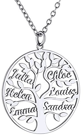 GoldChic Cadeau Maman 6 Prénom des Enfants Collier Femme Personnalisé Arbre de Vie Pendentif Acier Inoxydable Généalogique Famille Bijoux Fêtes des Mères Grand Mère Chaine Forcat 50 cm Noel