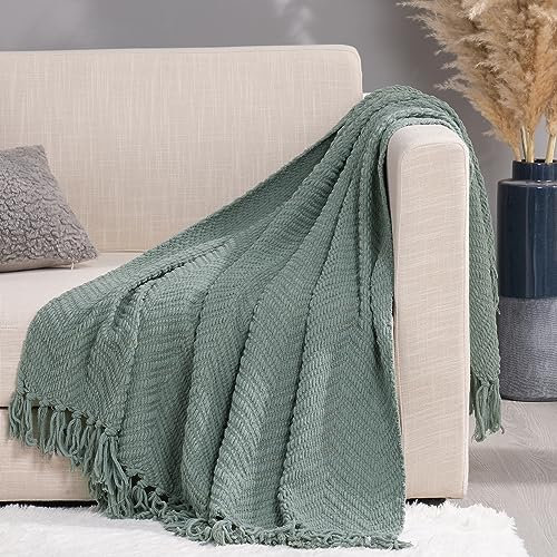 RECYCO Chenille Knit Throw Blanket for Couch(152x127cm), Super Soft Warm Cozy Decorative Sage Green Knitted Blanket Throw with Tassels for Bed Sofa Chair, Woven Chenille Blanket with Bonus Laundry Bag