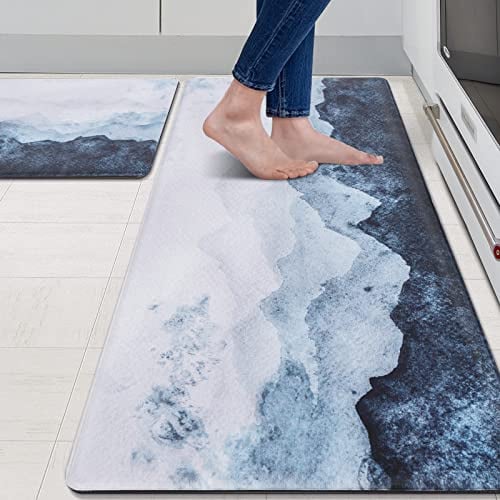 MAYHMYO Juego de 2 alfombras de cocina azules antifatiga, antideslizantes, impermeables, acolchadas, para fregadero de cocina, para suelo de pie, lavandería, baño, oficina