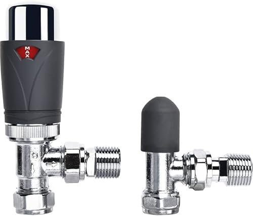 Anthracite/White/Chrome/Black Radiator Valves - Thermostatic Radiator Valve Set for a Vertical/Horizontal Radiator - Angled/Straight TRV & Lock Shield (Angled, Anthracite)