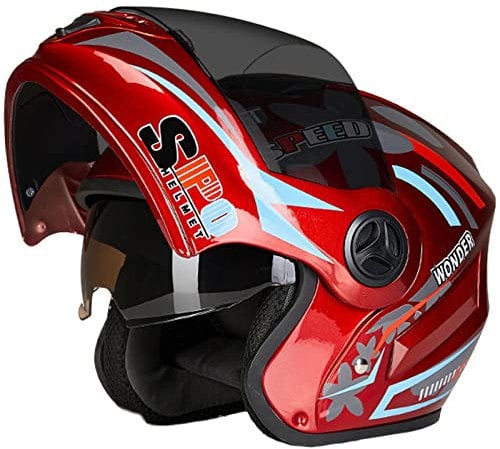 Vollgesichts-Motorradhelm für Erwachsene für Männer und Frauen, modularer Klapphelm mit Doppelvisier, Moped-Straßenrennhelm mit reflektierender Platte, DOT/ECE-geprüft,Rot,One Size