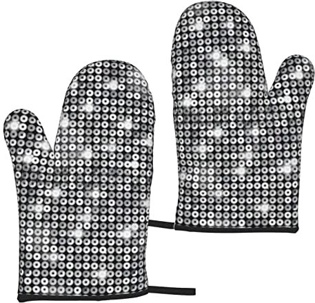 Heat Resistant Oven Gloves Sets Of 2 - Silver Sequin Sparkle Pattern Printed Kitchen Non-Slip Microwave Oven Mitts 1 Pair For Baking Cooking Bbq