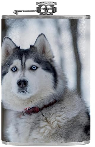 Hip Flask with Funnel Personalized Flasks,Snow Husky Dog,Portable Stainless Steel Small Flagon for Liquor