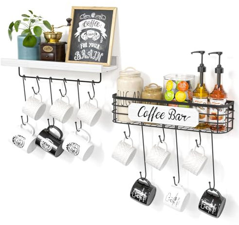 Coffee Mug Holder Organizer with 12 Mug Hooks Mug Rack Wall Mounted with Coffee Bar Sign Farmhouse Coffee Accessories and Organizer with Metal Basket Floating Shelves for Wall Vintage White