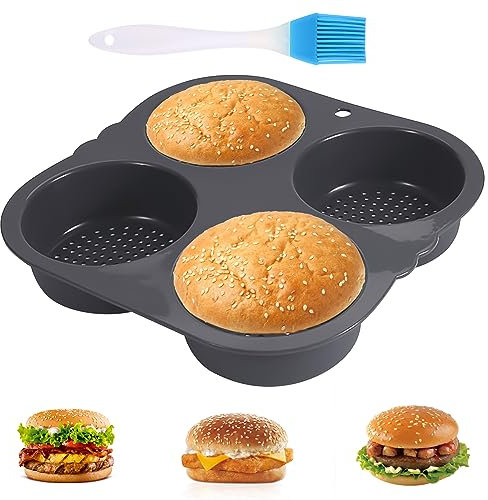 mumisuto Stampo per Burger Buns, Antiaderente Teglia per Hamburger e Muffin in Silicone, Teglie da Forno per 4 o 6 Panini, con 1 Pennello, per Hamburger, Panini, Focacce, Bignè, Cupcakes
