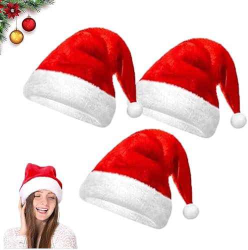 AOMAIGAD Weihnachtsmütze,3 Stück Plüsche Weihnachtsmann Mütze,Nikolausmütze Mütze,Plüsch Weihnachtsmütze,Unisex Rot Weihnachten Hüte für Erwachsene und Kinder (3pcs)