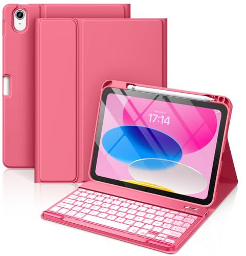 Vobafe Keyboard Case for iPad A16 11th Generation 2025/10th Generation 2022(11/10.9 inch), 7 Colors Backlit Detachable Folio Keyboard Cover with Pencil Holder for iPad 11/10 Gen, UK Layout, Pink