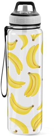 Sports Water Bottle Yellow Banana Tritan Drinking Bottle with Straw Large 1000ml BPA-Free Clear Leakproof for Kids Boys Girls Women Men Gym School