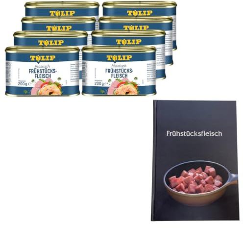 TULIP 8x Schweine-Frühstücksfleisch 200g + Kochbuch | Schweine-Frühstücksfleisch in der Dose und ein passendes Frühstücksfleisch gebundenes Kochbuch mit 57 Rezepten | 87% Schweinefleisch