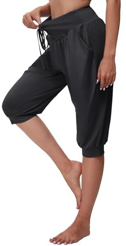 BATHRINS Haremshose Damen 3/4 Yogahose Jogginghose High Waist Caprihose Sommer Pilates Hose Leicht Pumphose Locker Sporthose mit Taschen Kordelzug(Schwarz,M)