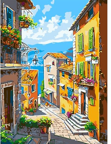 AIRDEA Rue Peinture Numero Adulte, DIY Kit Activité Manuelle Peinture Acrylique, Village Peinture par Numero Adulte avec Pinceaux et Acryliques pour la Décoration Maison 30x40 cm (Pas de Cadre)