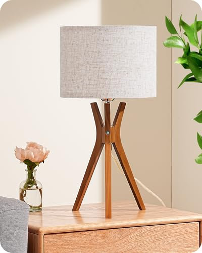 EDISHINE Modern Bedside Lamp, 46cm Tripod Wood Table Lamp, Linen Lampshade, for Living Room, Bedroom, LED Bulb Included, E27 Socket, Brown