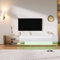 KOMHTOM Armoire TV blanche avec tiroirs, buffet TV avec LED et étagères en verre, meuble TV pour salon, chambre à coucher (blanc + couleur bois)