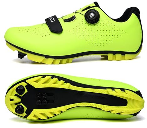 Treer Chaussure VTT Respirantes Chaussures de Cyclisme Homme et Femmes, Chaussure Velo Route Hommes Chaussures Velo Route avec Crampons Antidérapants Semelle Dure Chaussures de Vélo 44 EU Vert Fluo