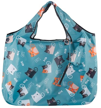 ECO CHIC Foldable Reusable Large Recycled Grocery Bags Lightweight Shopping Tote Bags with Storage Pouch (Cartoon Cat)