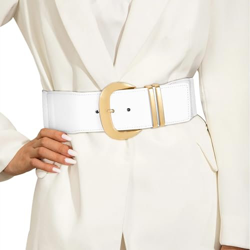 JasGood Damen Breiter Gürtel Elastischer Taillengürtel für Kleider Stretchy Gürtel Hüftgürtel Goldener Schnalle Gürtel für Damen,Weiß,110cm