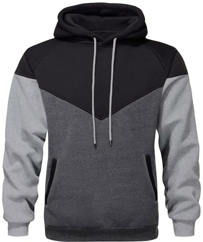 comefohome Hoodie Herren Pullover Langarm Sweatjacke Kapuzenpullover Farbblock Casual Sweatshirt Hoody Kapuzenjacke mit Tasche Schwarz Grau S