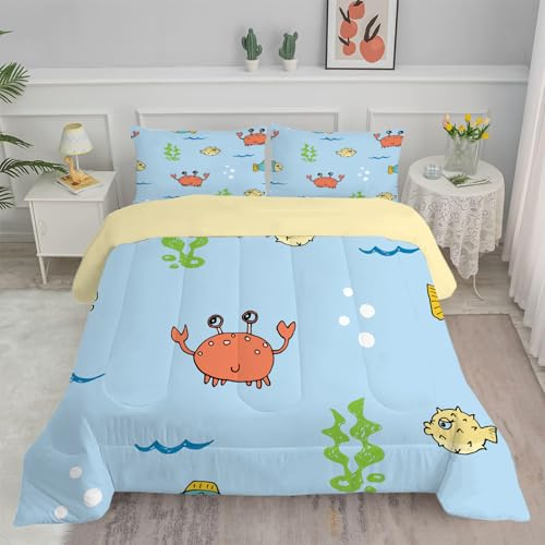 Bettdecke 135x200 4 Jahreszeiten, Blaues Meerestier Vierjahreszeiten Steppdecke 135x200, Warme Ganzjahresdecke Gelb Bettdecke ohne Bezug Waschbar Schlafdecke mit 2 Kissenbezug 80x80cm
