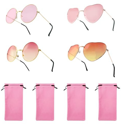 4 Paar Kleine Rosa Runde Hippie Brille, Retro Modische Herzförmige Metall Brille mit Stoffbeutel, Rosa Amüsant Runde Brille, Farbverlauf in Roségold Brille, Rund und Herz Brillen für Festival Party